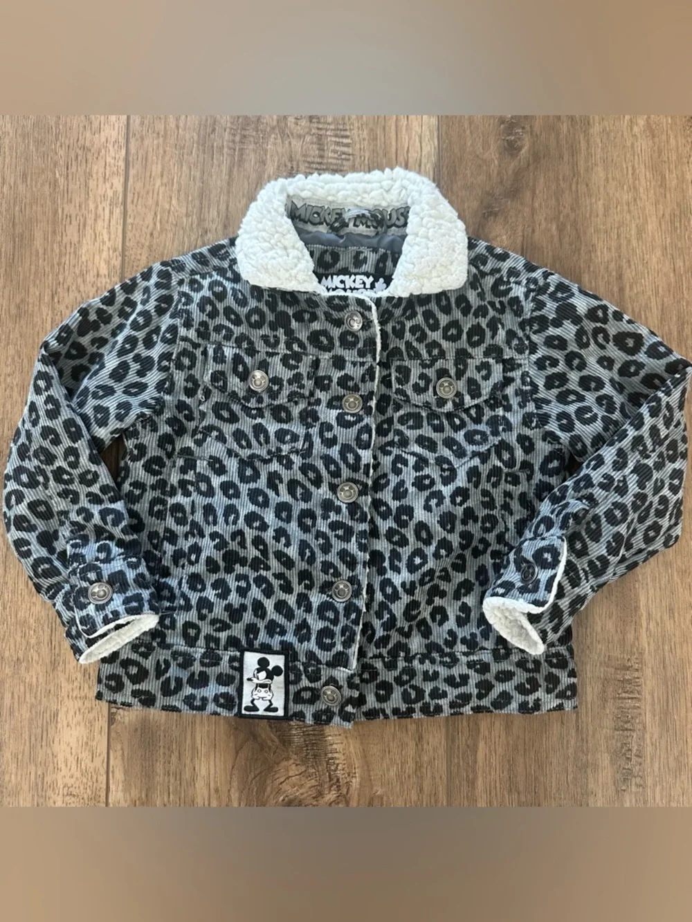 Disney Mickey Mouse Leopard Print Corduroy Faux‎ Fur Jacket, Size 2